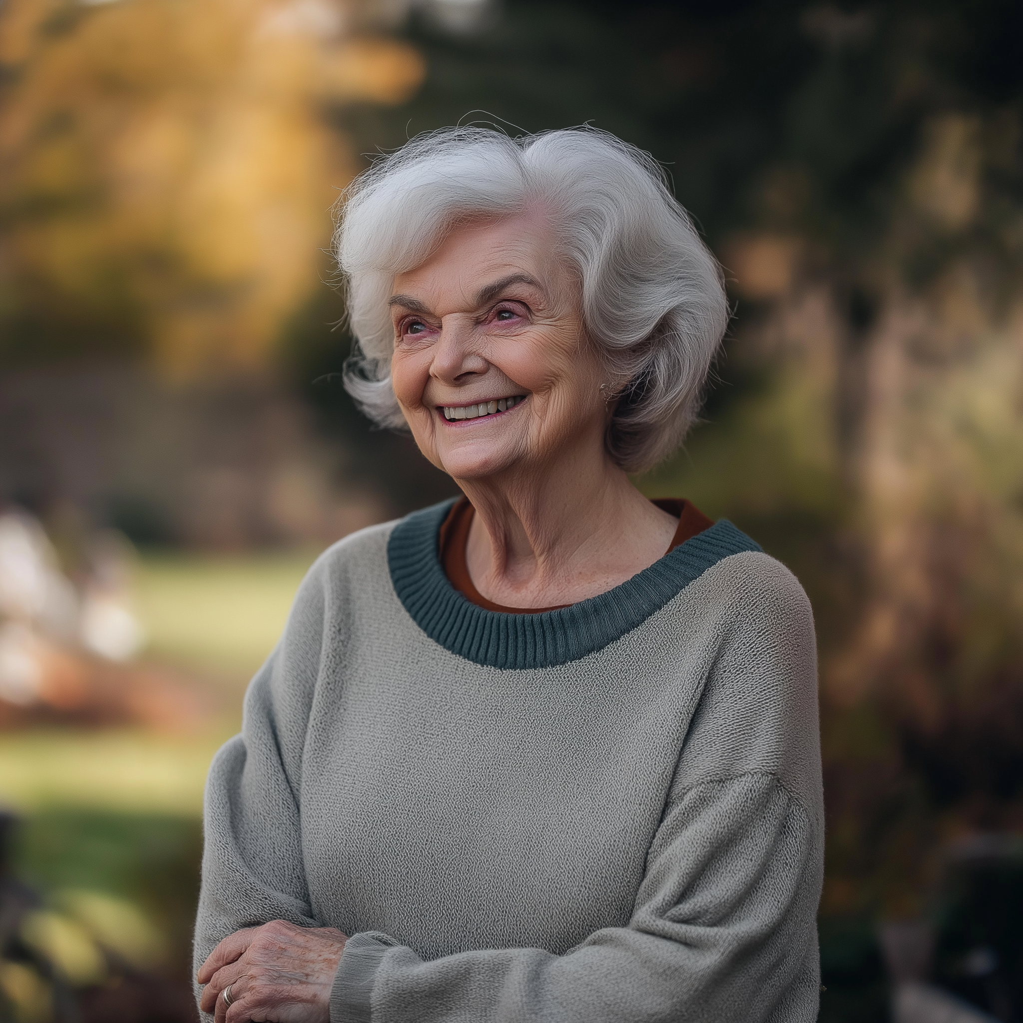 An elderly woman smiles while standing in her garden | Source: no source