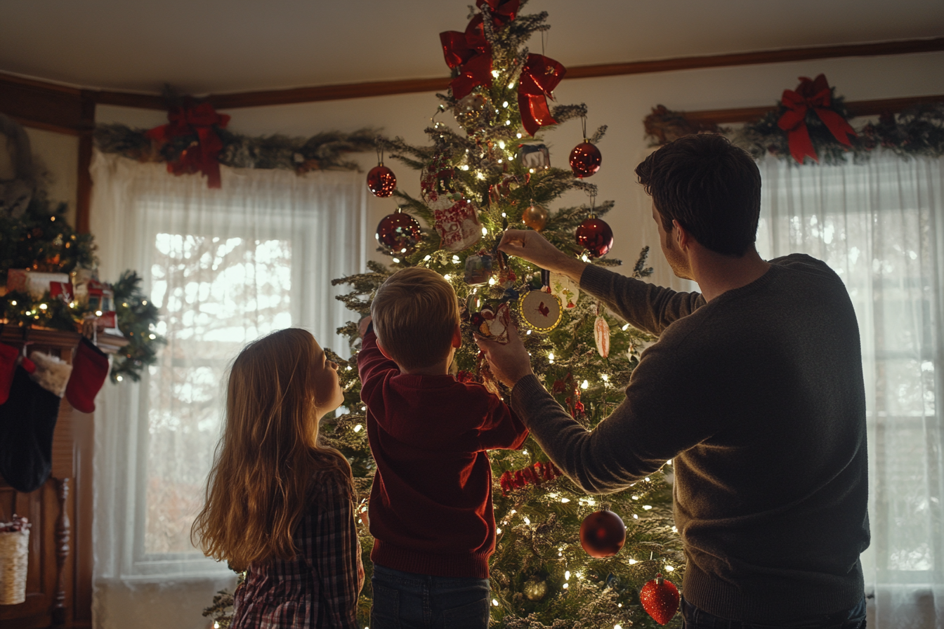 A man and two kids decorating a Christmas tree | Source: no source