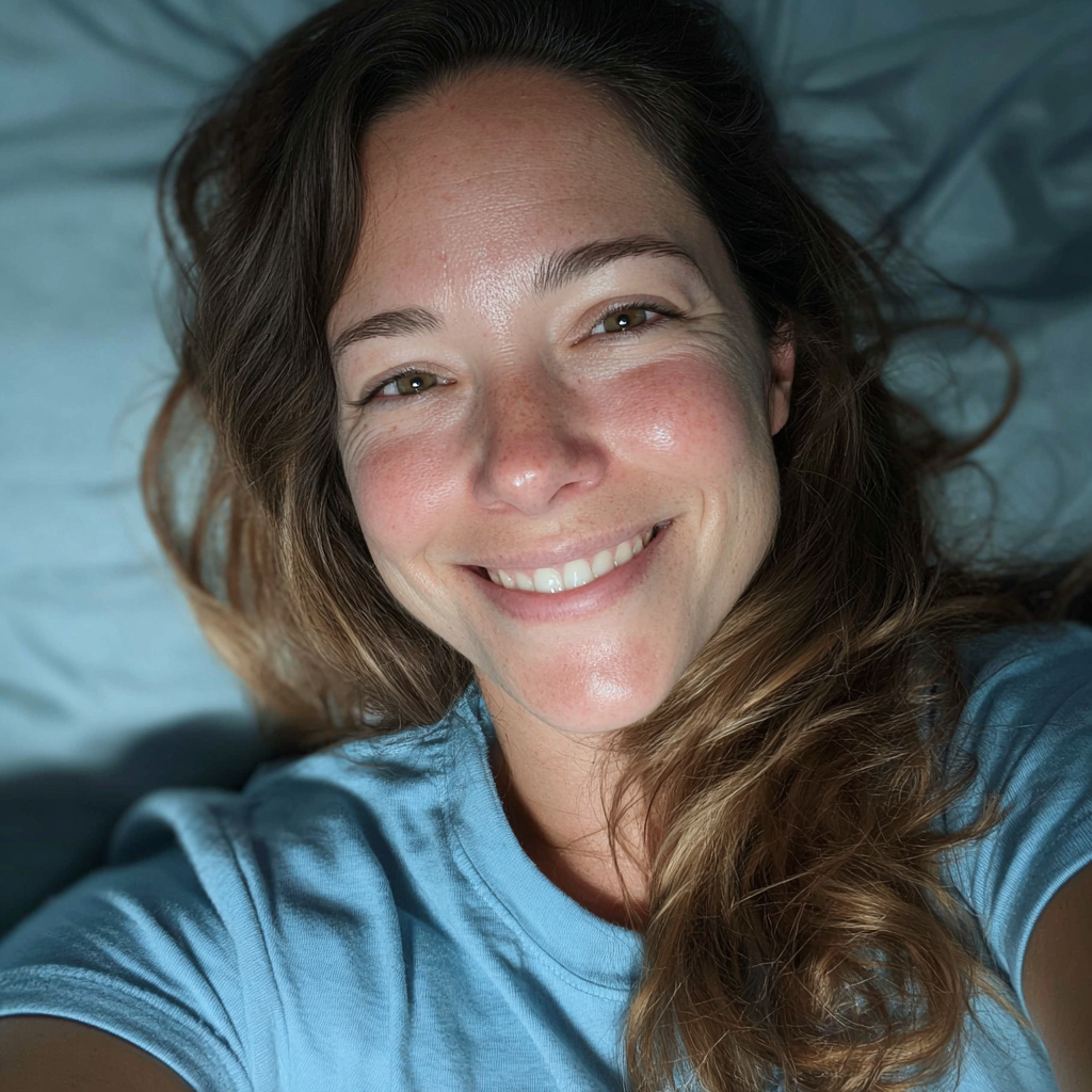 A woman smiling in bed | Source: No source