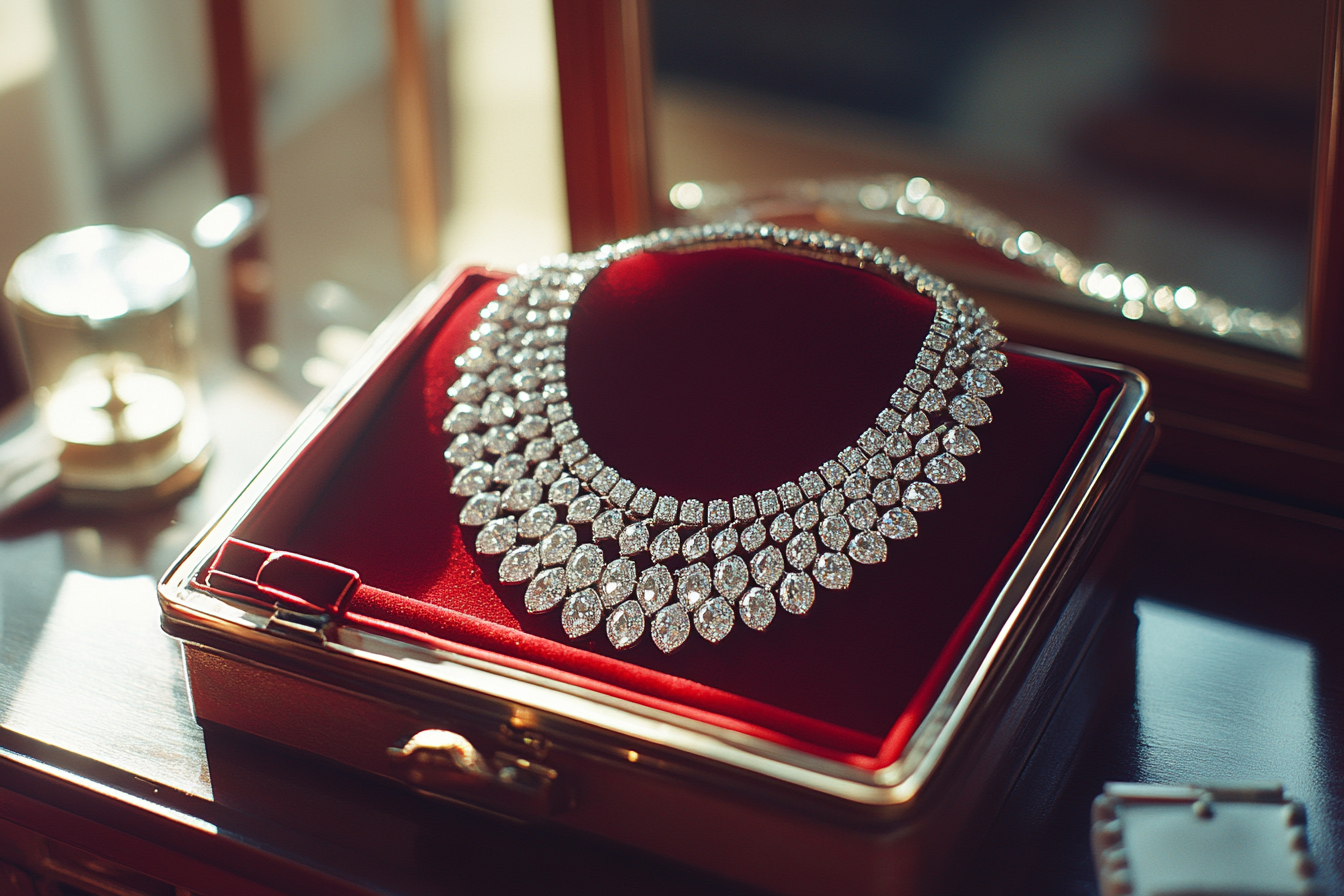 A flashy, big diamond necklace on a velvet box in a vanity desk | Source: no source