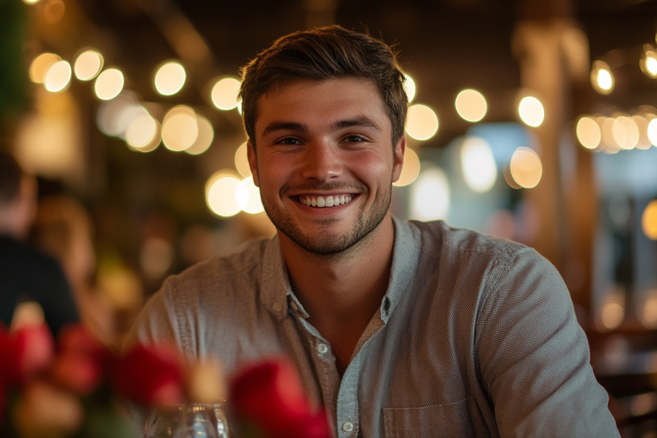 A man in a restaurant smiling at his date | Source: no source