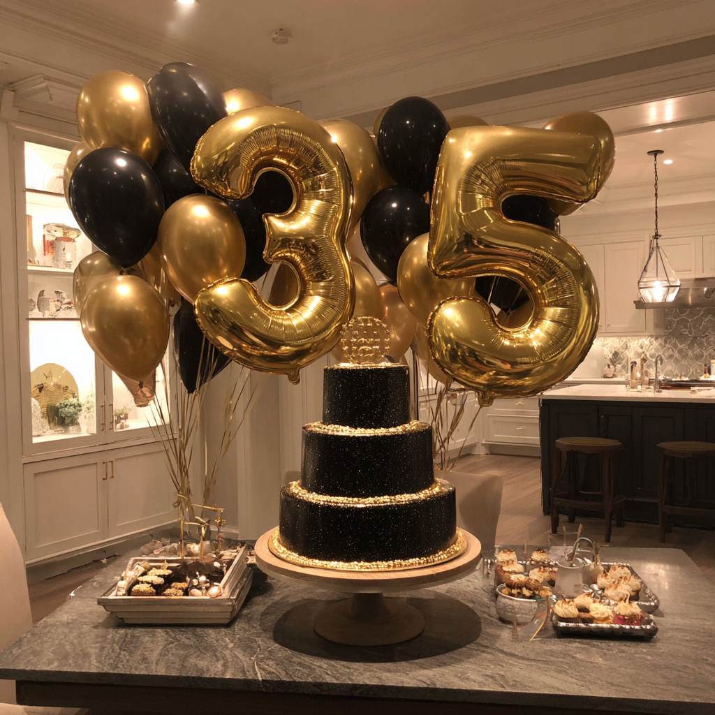 A black and gold birthday party setup | Source: no source