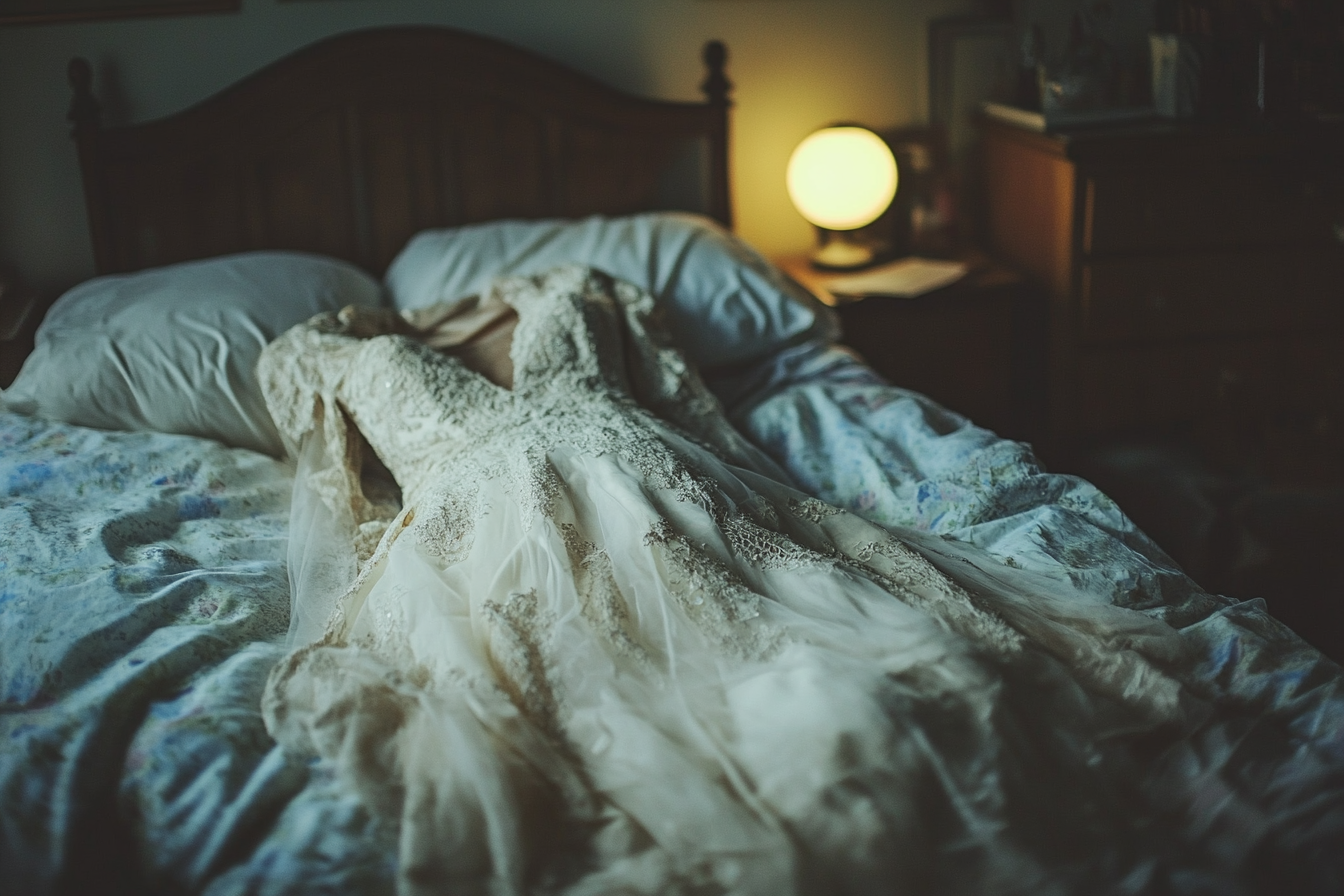 Ruined wedding dress on a bed | Source: No source