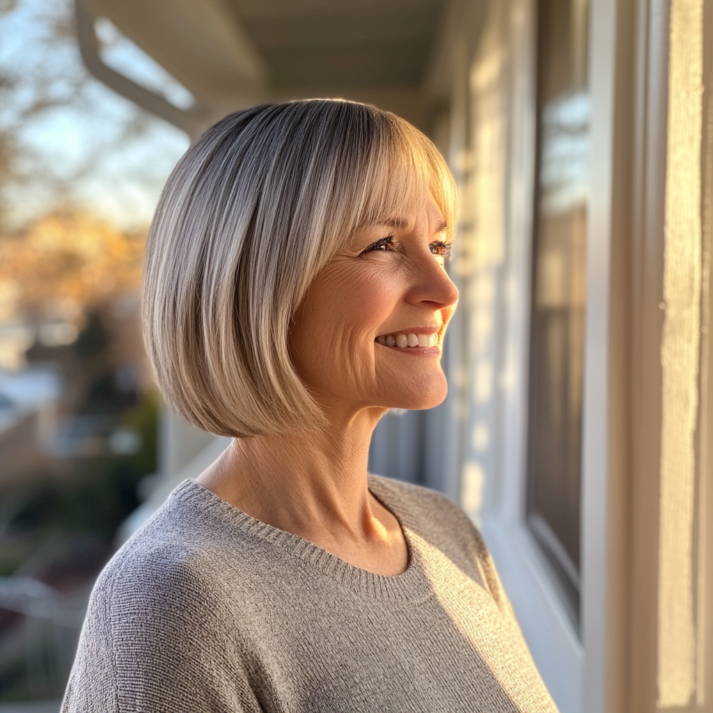 A smiling woman on a porch | Source: No source