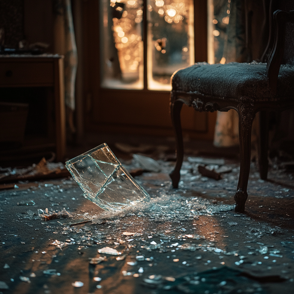 A broken window with shards of glass scattered on the floor | Source: no source