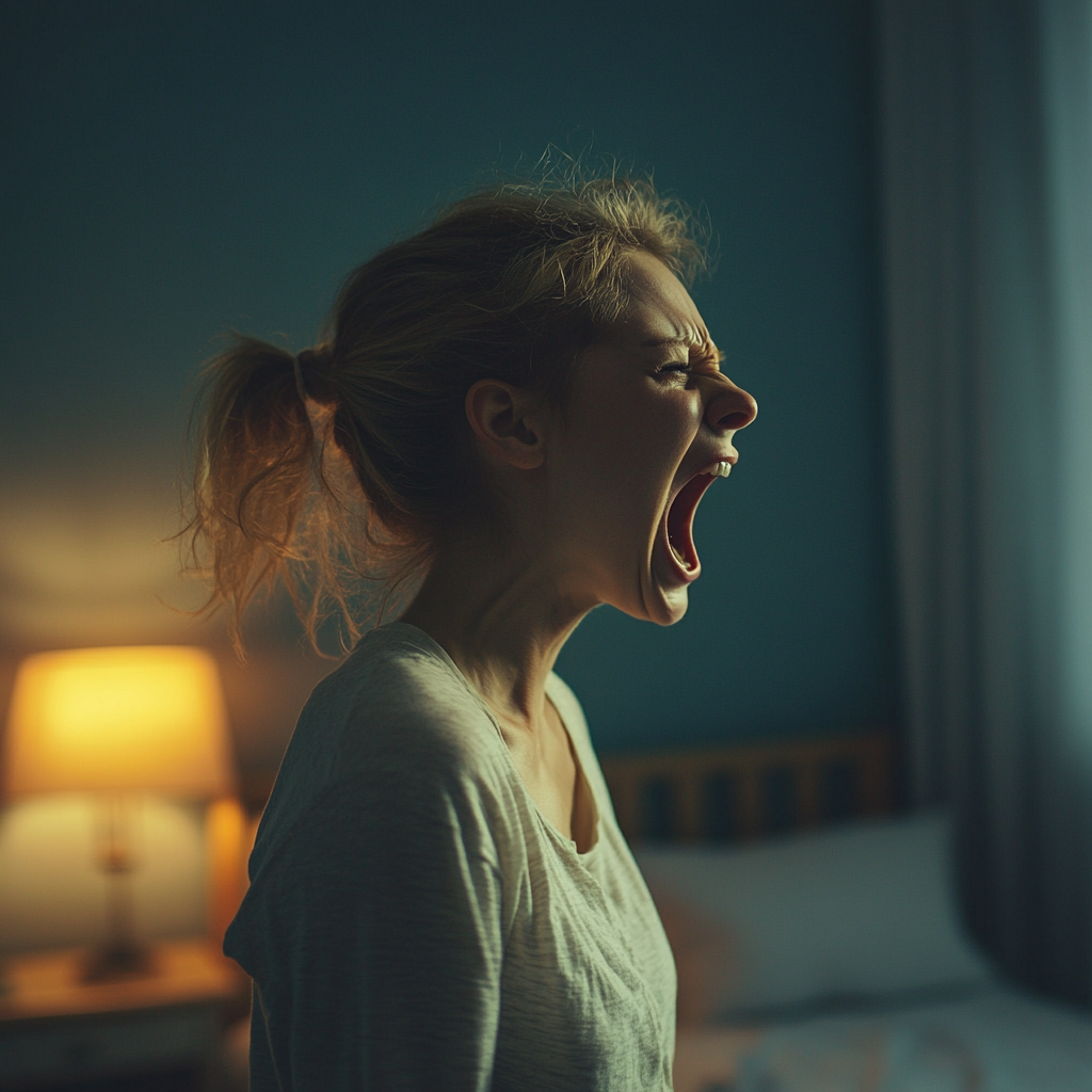 A woman shouting in her bedroom | Source: no source