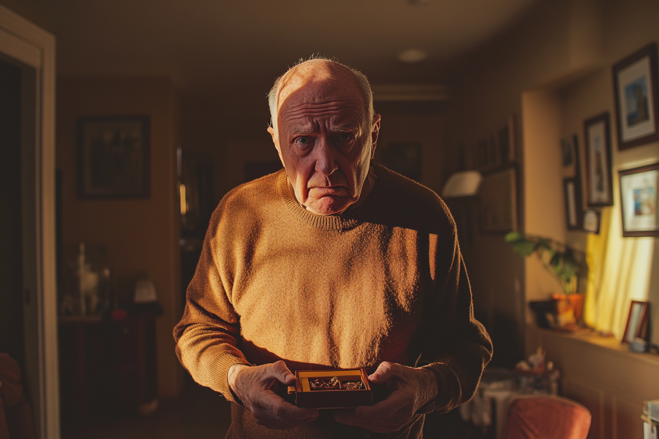 A man in his 70s holds jewelry in his living room and looks sad | Source: no source
