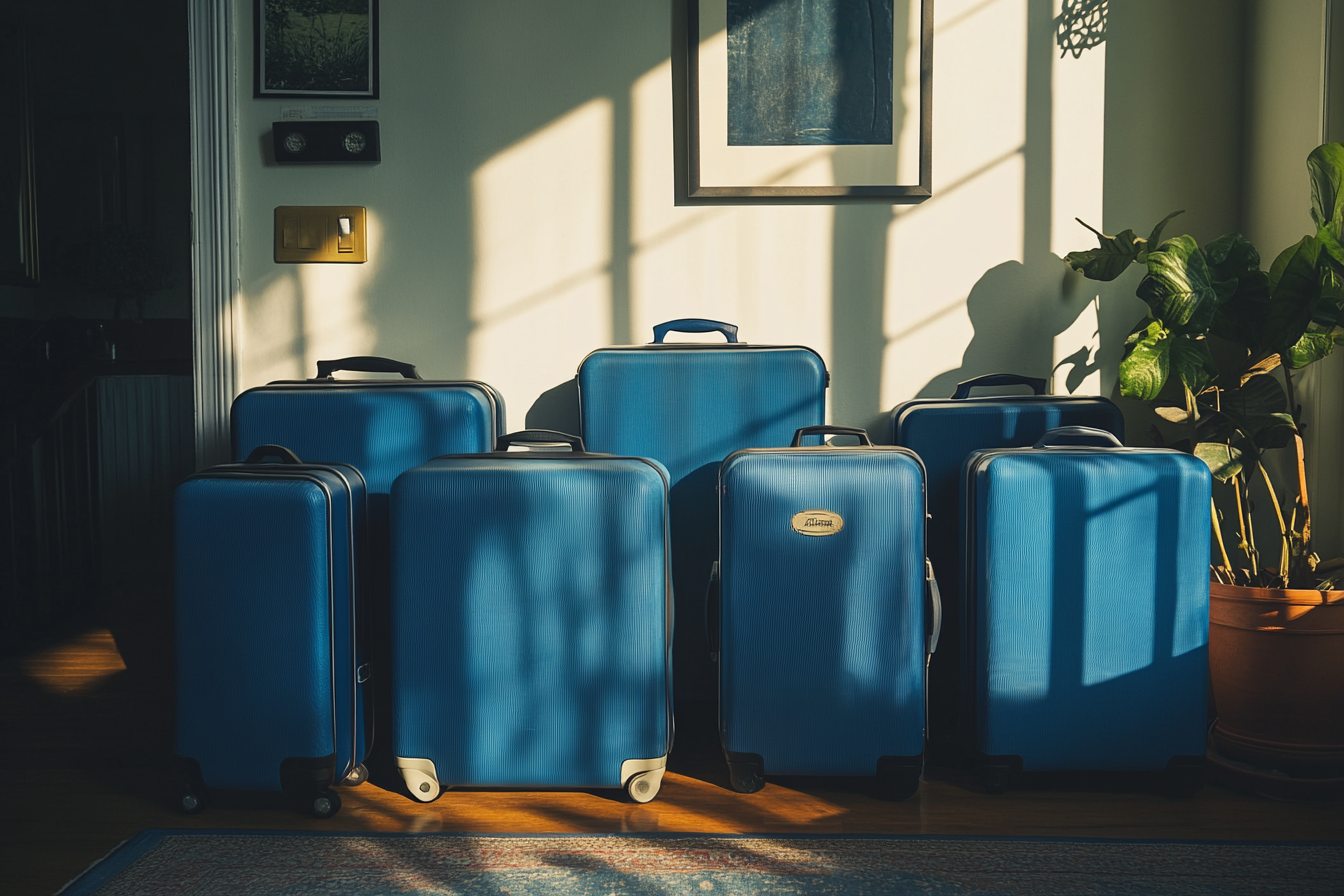 Seven blue suitcases lined up against a living room wall | Source: no source