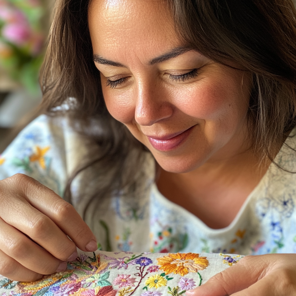 A woman doing embroidery | Source: No source