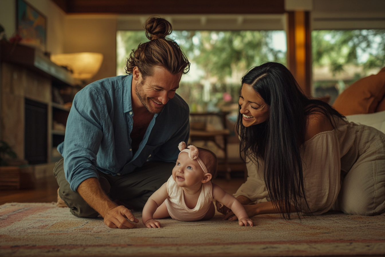 A couple plays with a baby girl on the floor of their living room | Source: no source