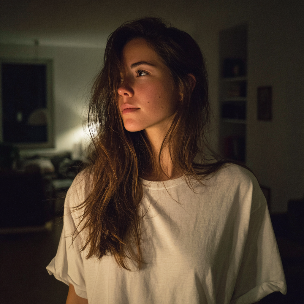 A pensive woman wearing a white t-shirt | Source: no source