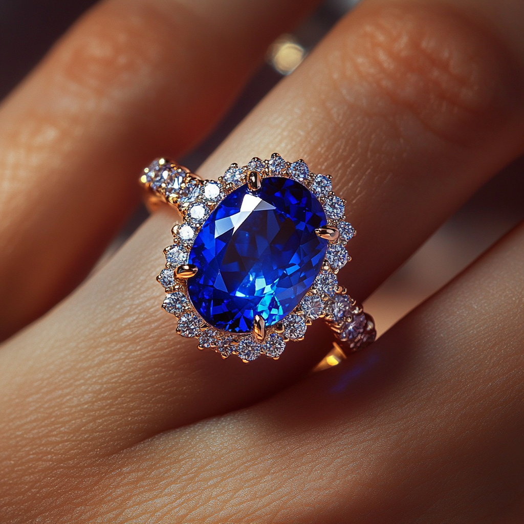 Close-up shot of a woman wearing a stunning sapphire ring | Source: No source