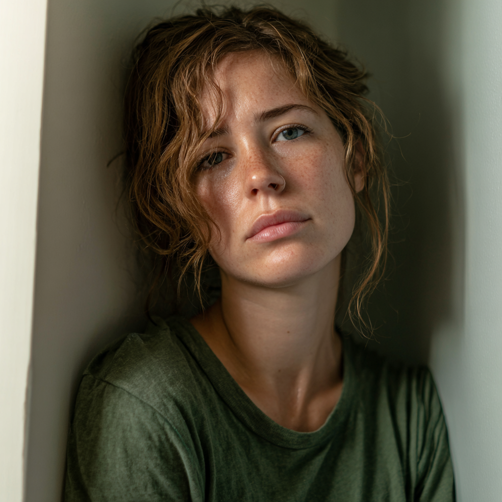 An emotional woman leaning against a wall | Source:  no source