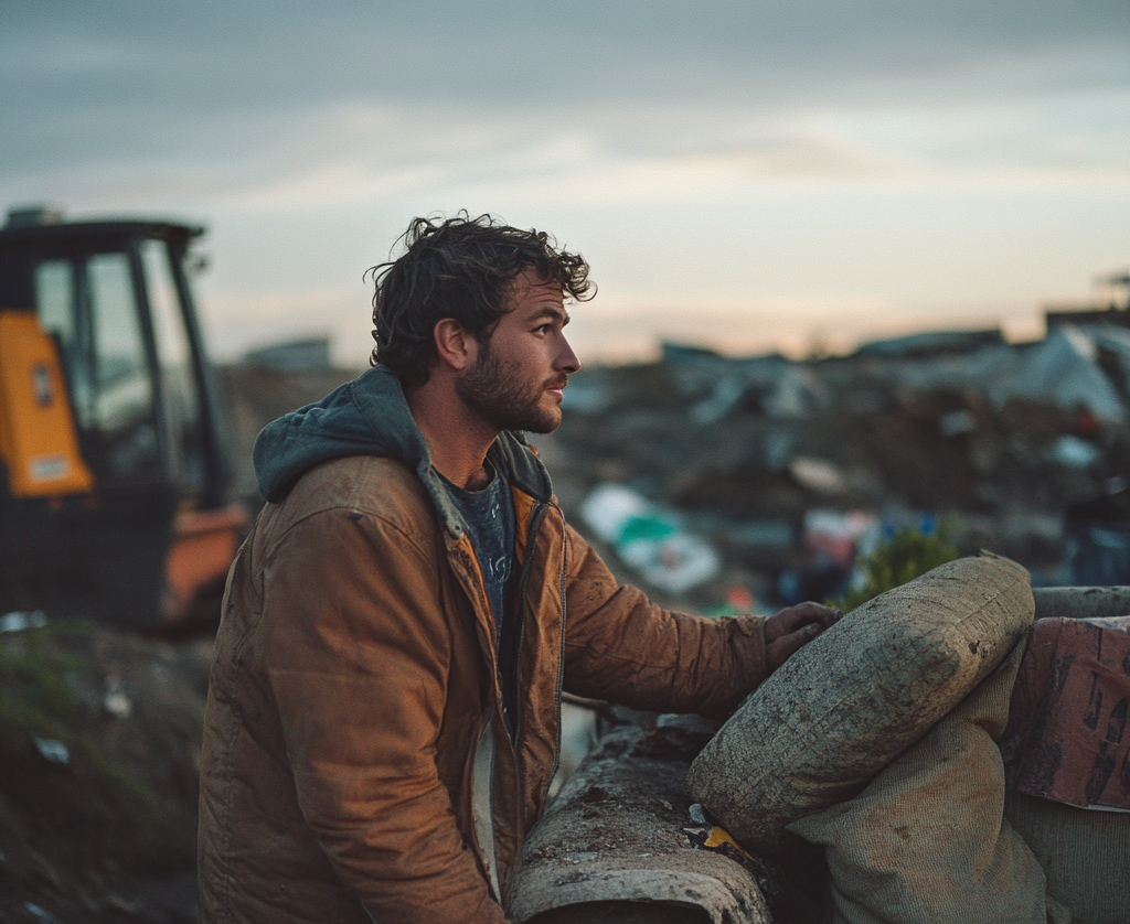 Man in a dumpsite standing next to an old couch | Source: No source