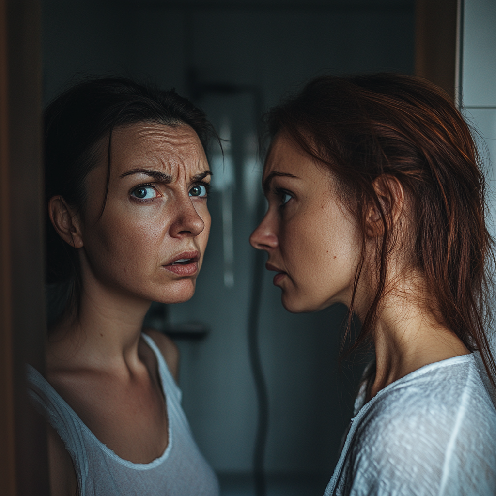 Two angry women talking in a bathroom | Source: no source