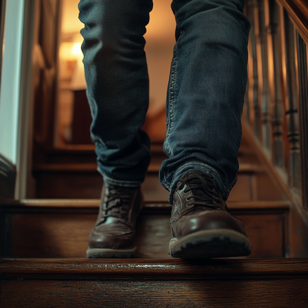 Close-up shot of a man walking down the stairs | Source: No source