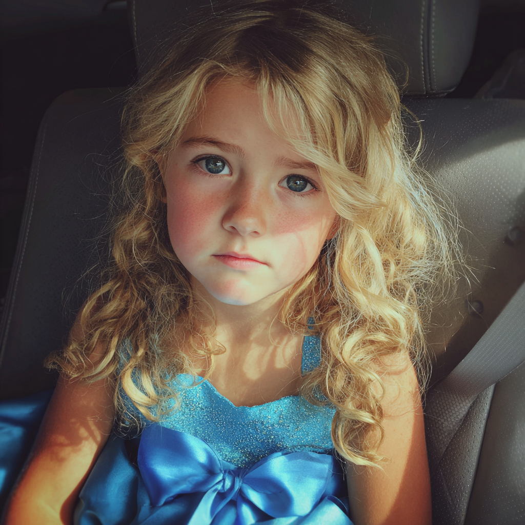 A sad little girl sitting in a car | Source: no source