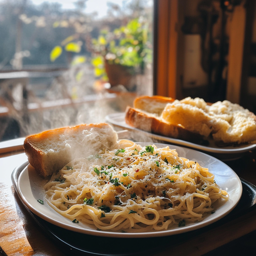 A close up of pasta and garlic bread | Source: no source