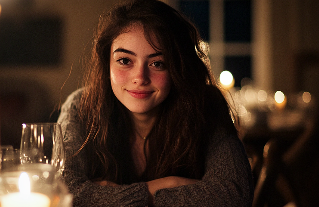 A woman smiling during dinner | Source: no source