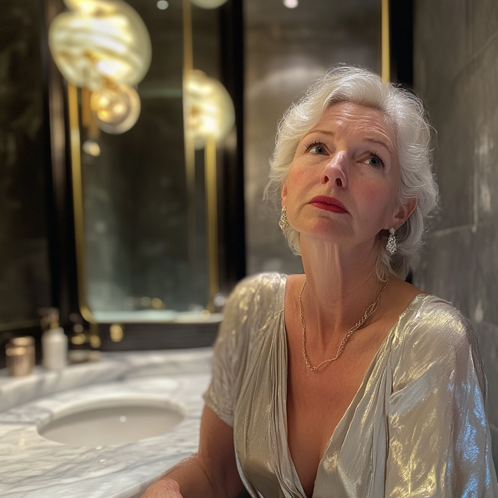 An upset woman in a bathroom | Source: No source