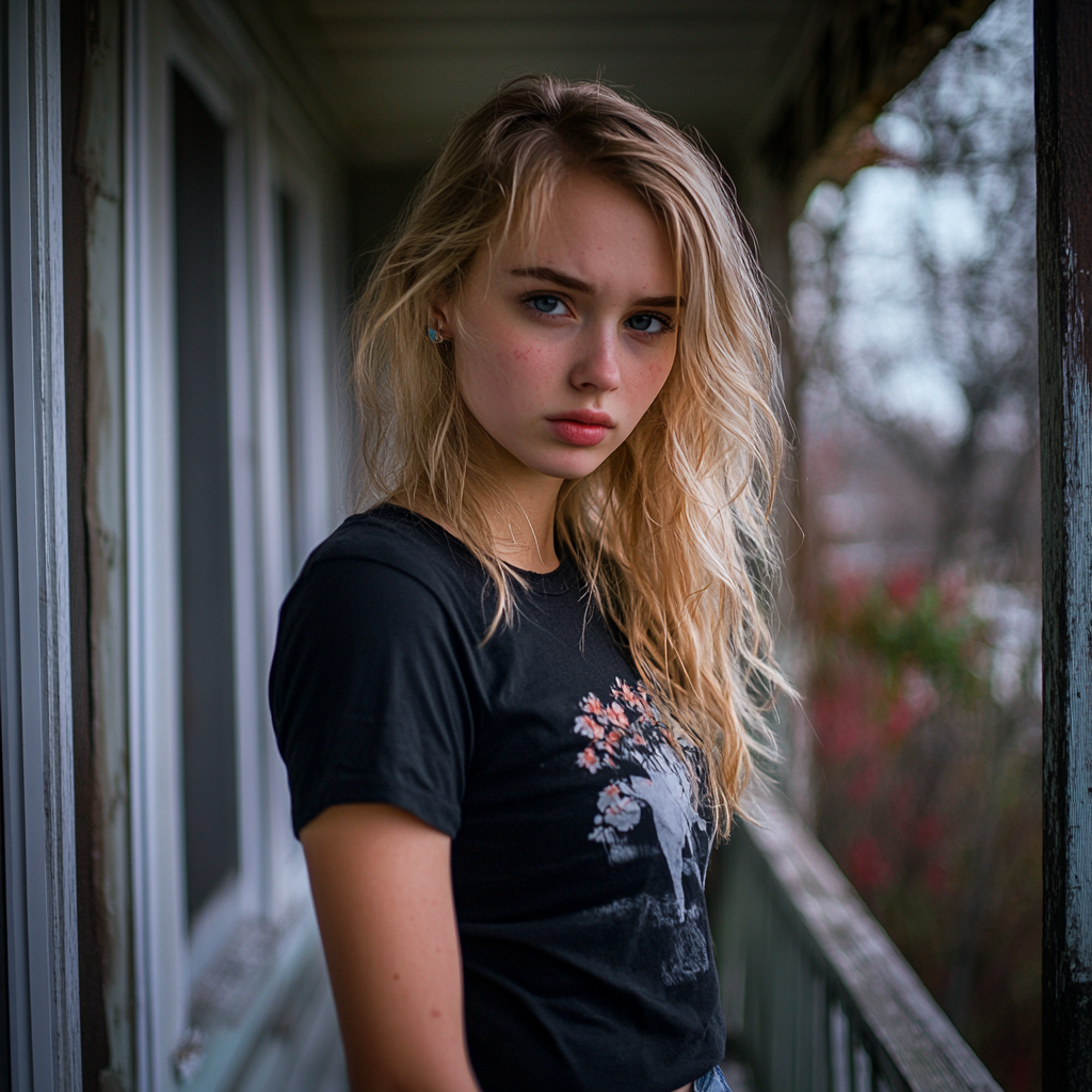 An angry woman on a porch | Source: No source
