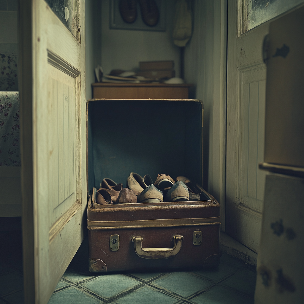 A suitcase filled with single shoes | Source: no source