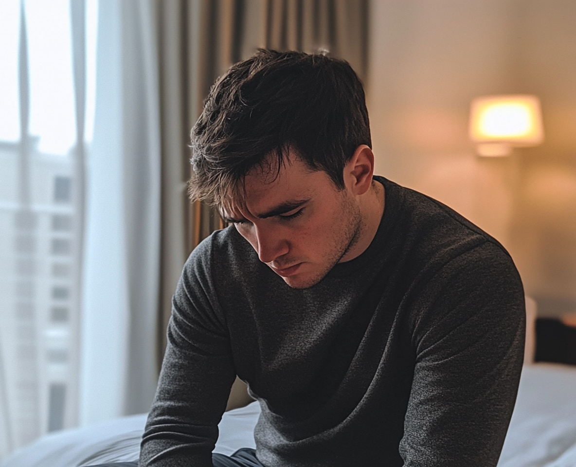 An upset man sitting on a bed | Source: No source