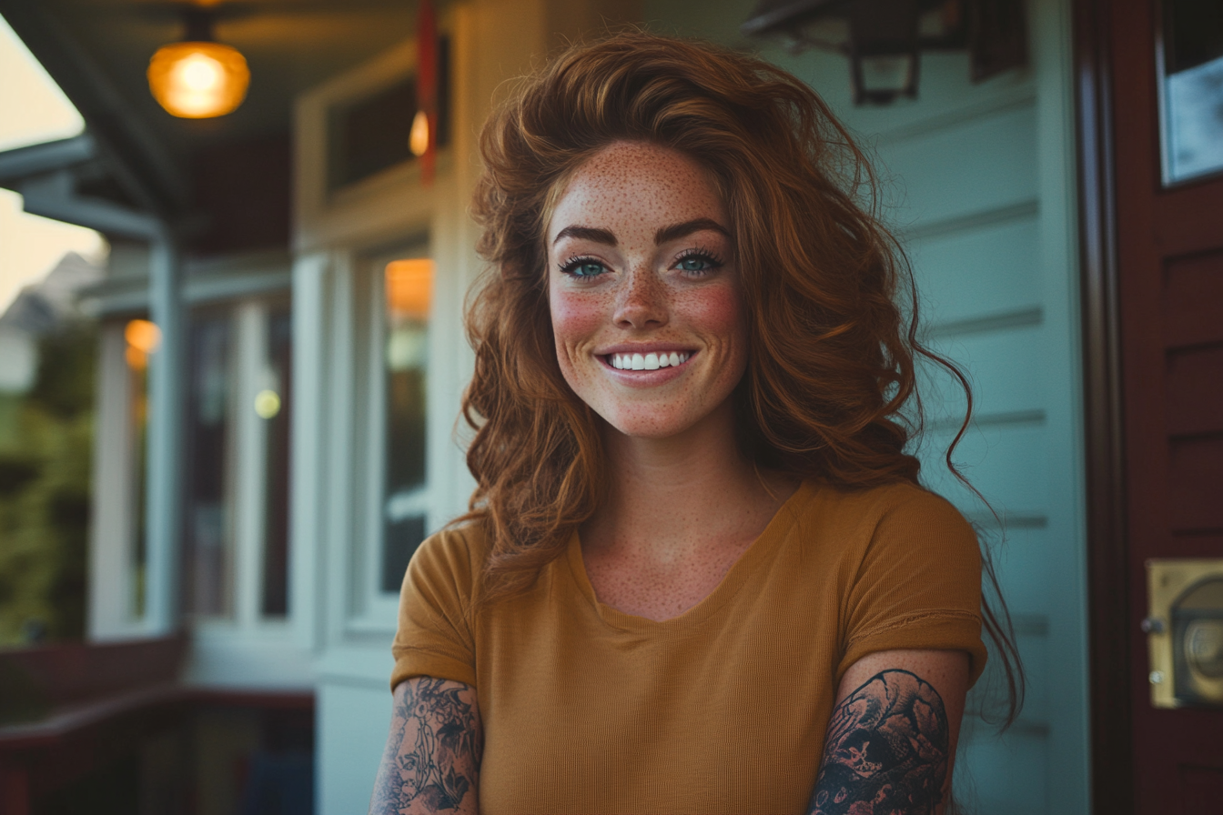 A woman smiling while standing on a porch | Source: no source
