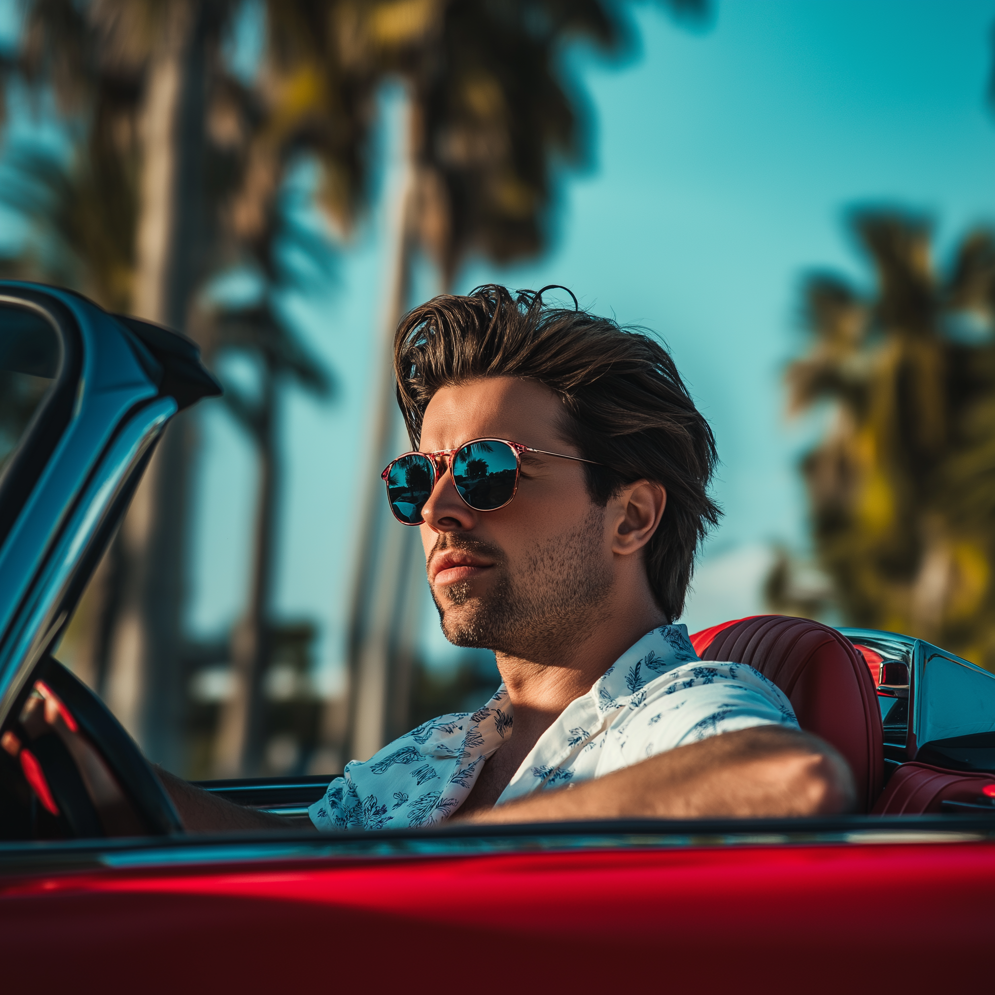 A closeup of a man driving a red convertible | Source: No source