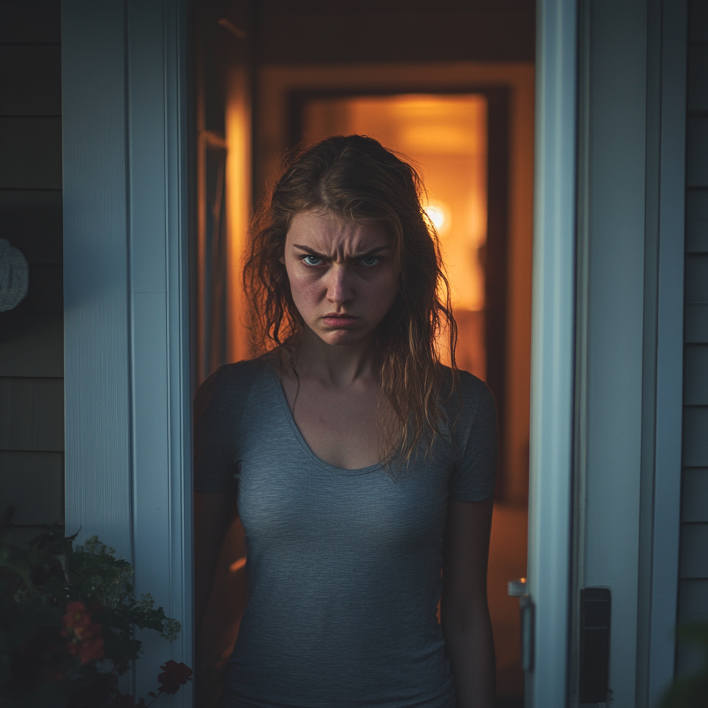 An angry woman standing in her doorway | Source: no source