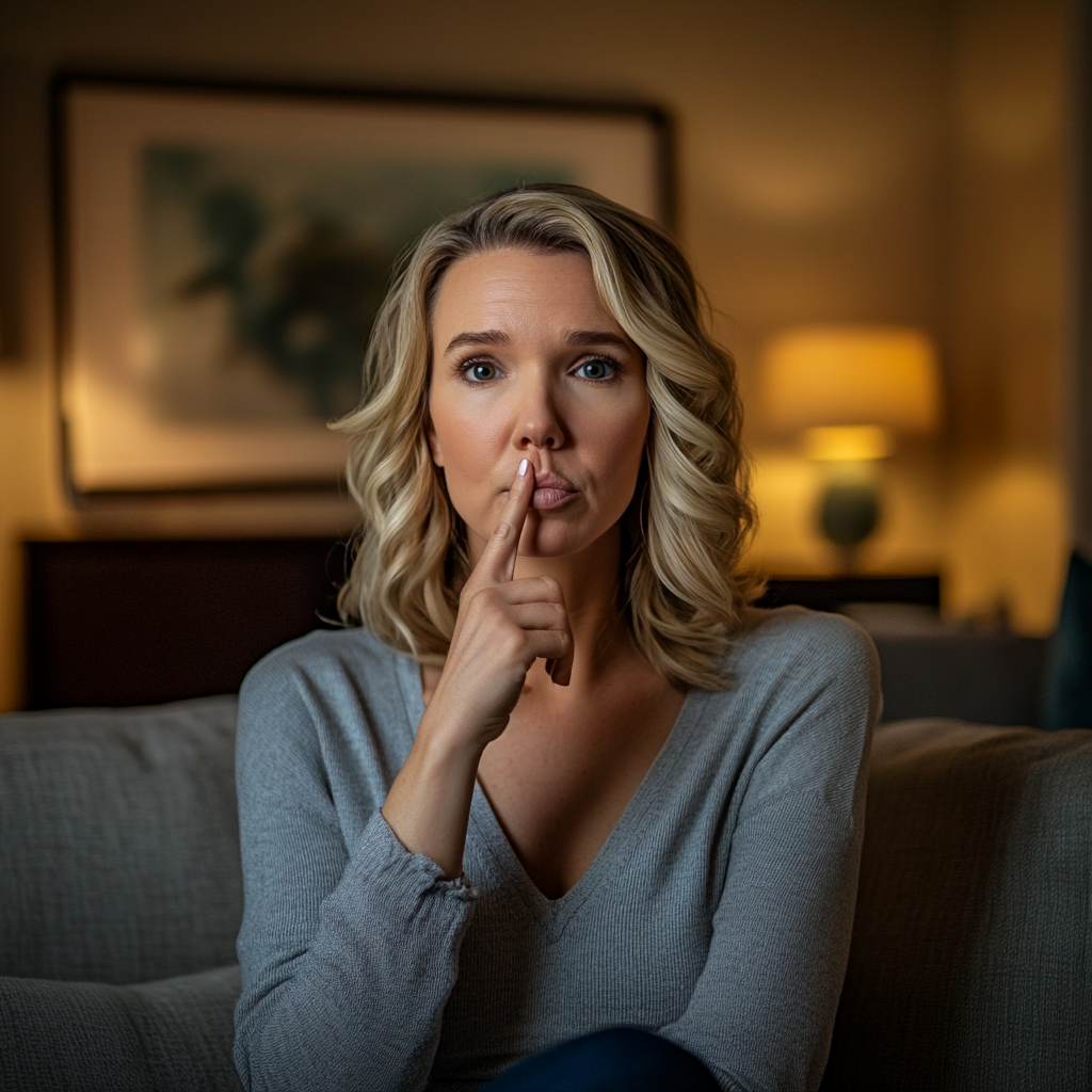 A woman placing a finger to her lips, making a "shush" motion | Source: no source