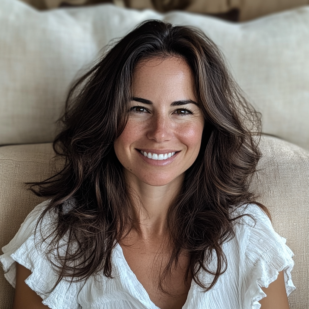 A smiling woman sitting on a couch | Source: no source