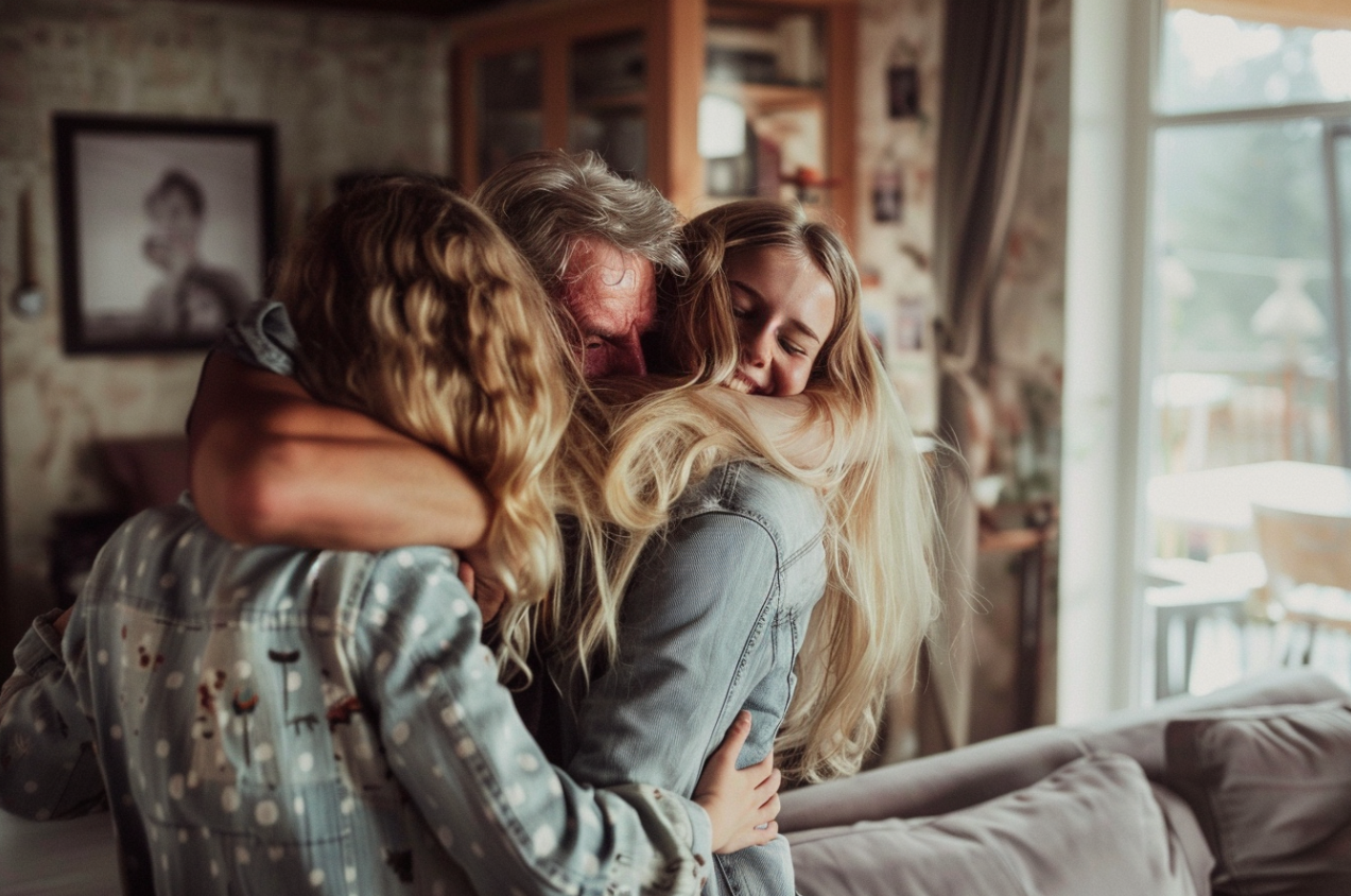 A man hugging his twin daughters | Source: No source