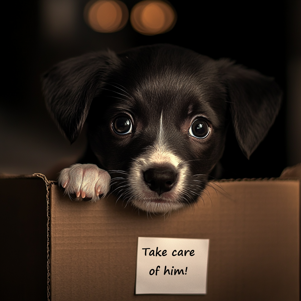 Nostalgic picture of an abandoned puppy in a box bearing a note | Source: no source