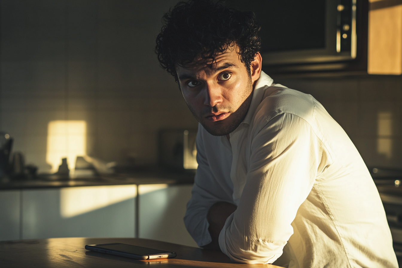 Man in his 30s with a pleading look sitting at a kitchen table where there's a phone | Source: No source