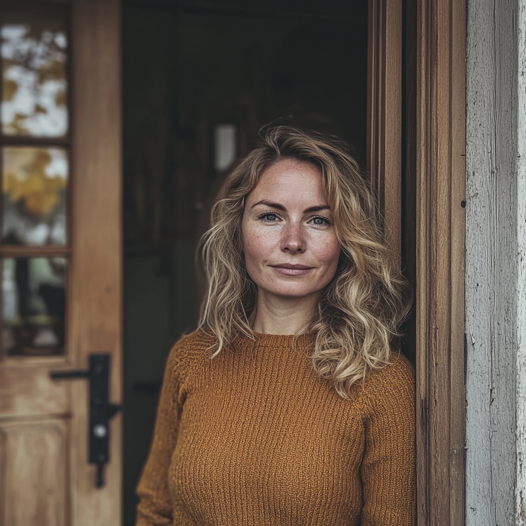A smiling woman standing at a front door | Source: no source