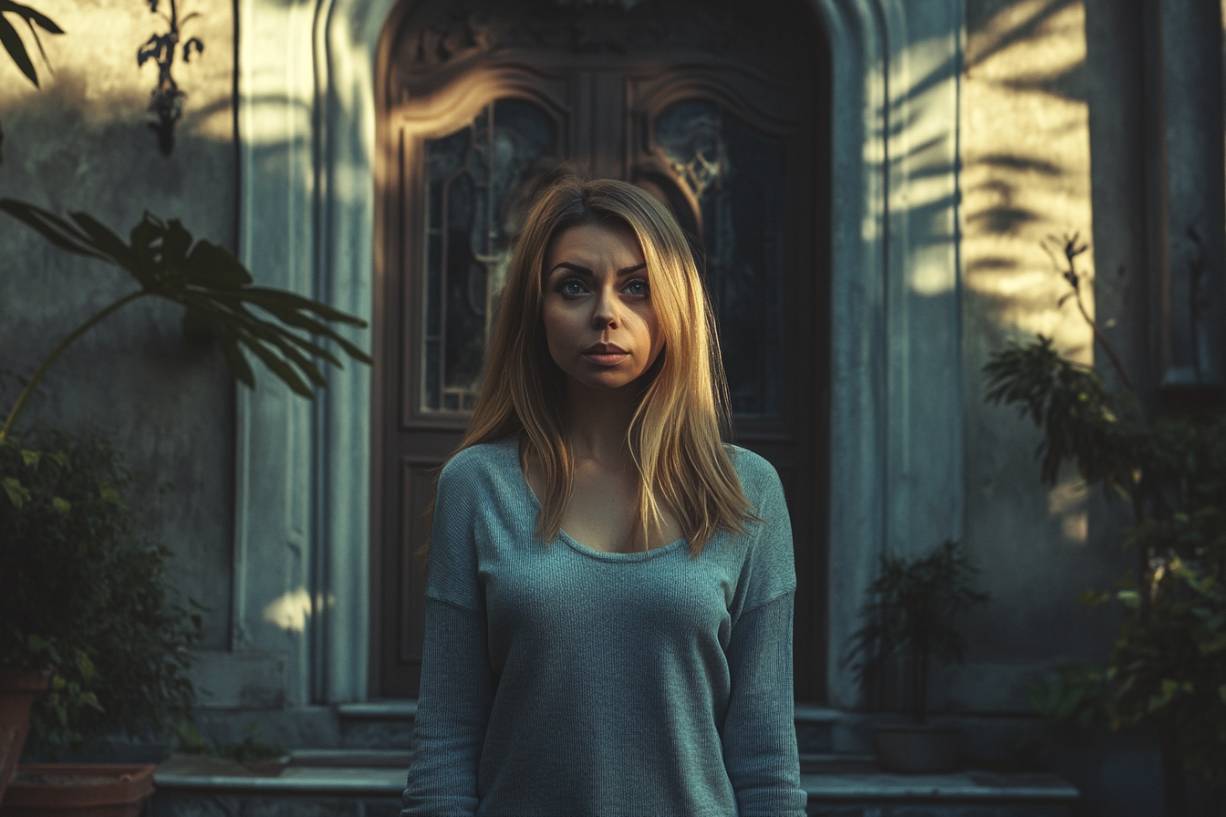 A woman standing outside a mansion | Source: No source