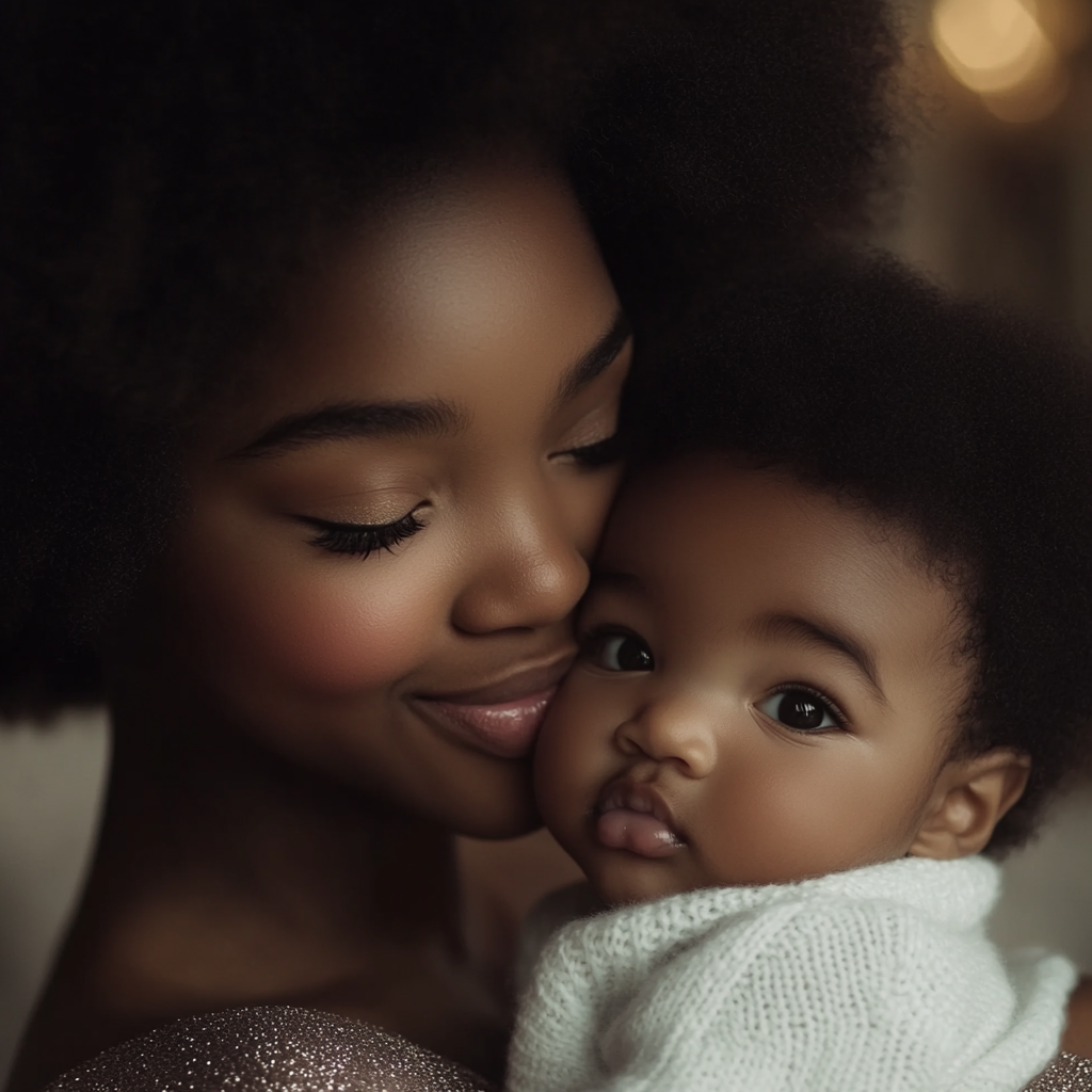A woman kissing her baby son on his cheek | Source: no source