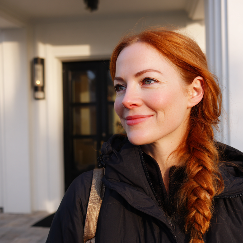 A smiling woman standing outside a house | Source: no source