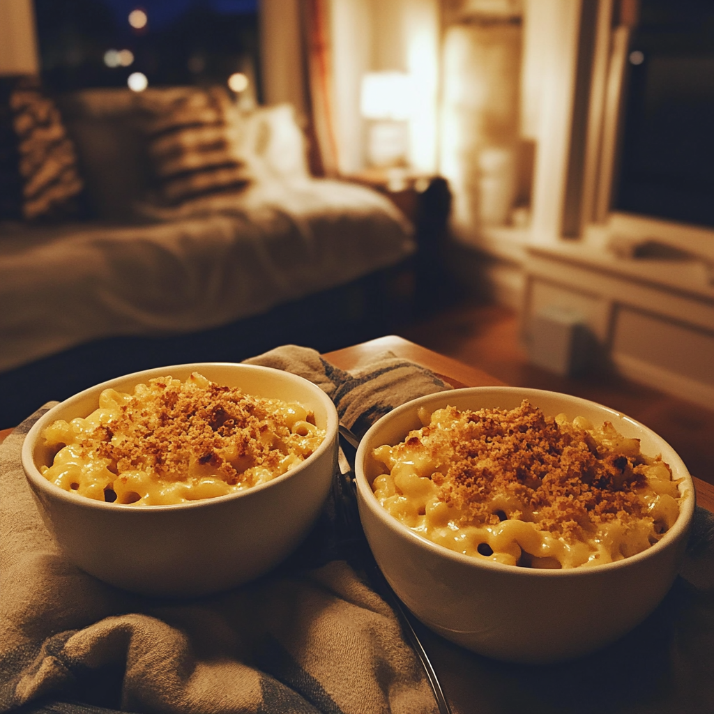 Bowls of mac and cheese on a coffee table | Source: no source