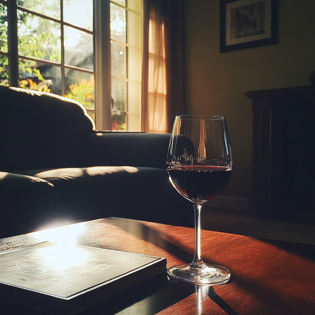 A glass of wine on a coffee table | Source: No source