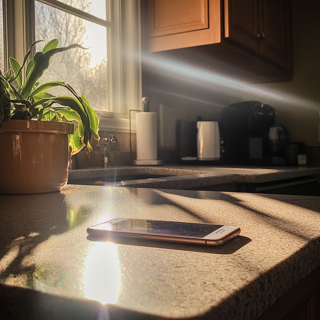 A cellphone on a kitchen counter | Source: no source