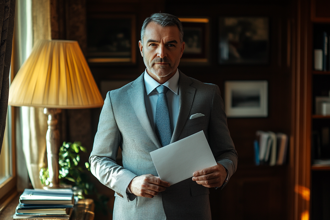 Man in a gray suit holding an envelope in a study | Source: no source