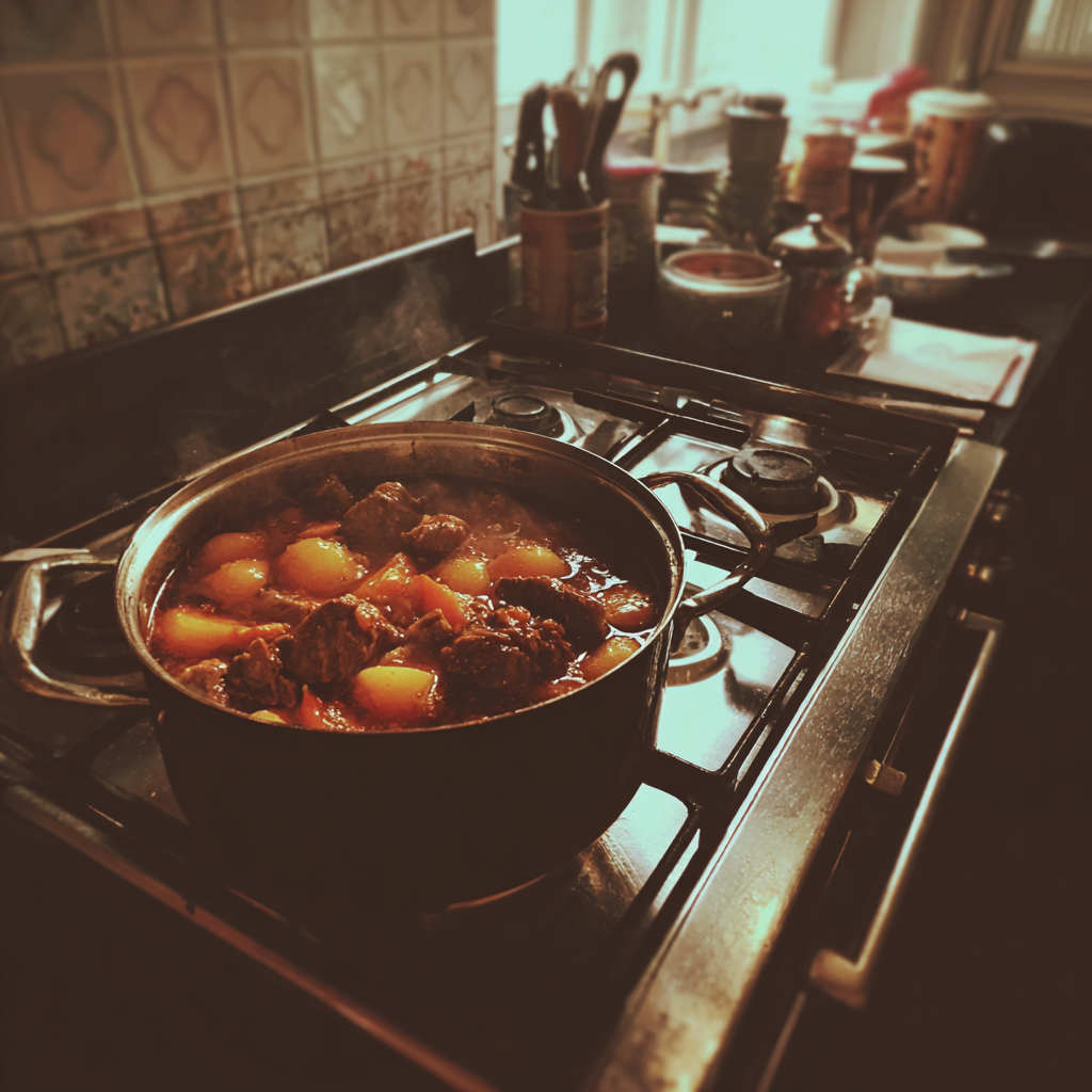 A pot of lamb stew on a stove | Source: no source