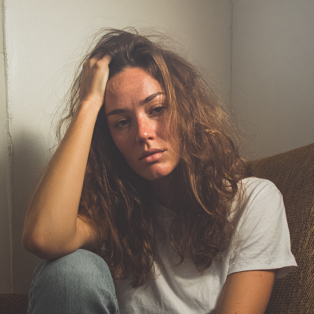 An upset woman with her hand on her head | Source: No source