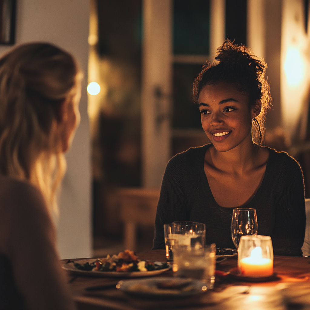 A woman with a forced smile at a dinner table | Source: no source
