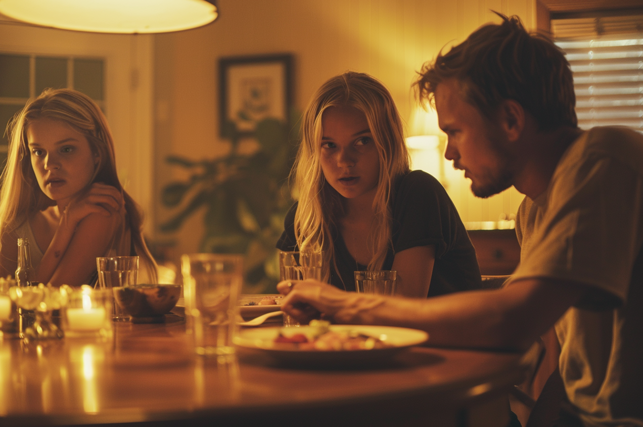 A man having a tense dinner with his twin daughters | Source: No source