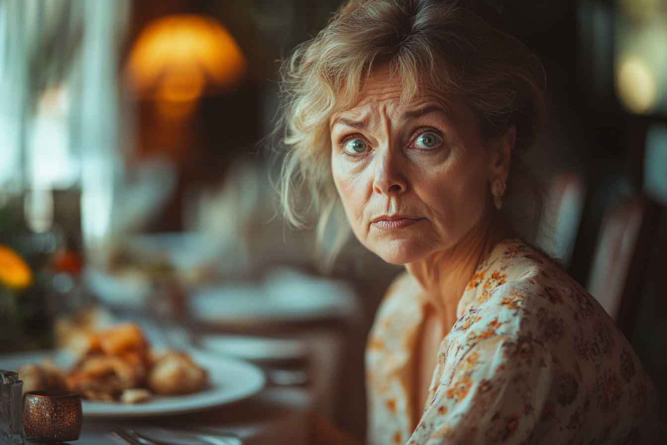 Disappointed senior woman at a dinner table | Source: no source