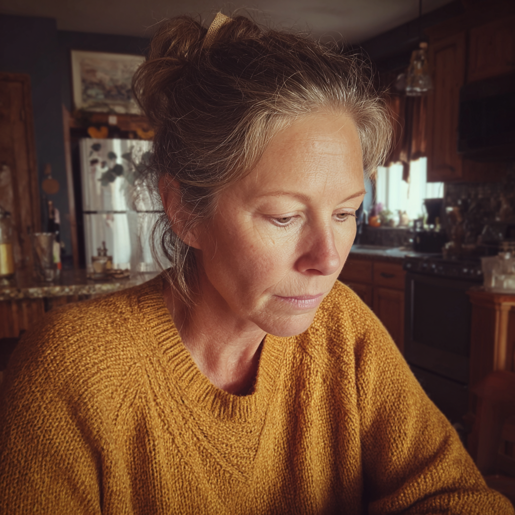 A pensive woman sitting at a kitchen table wearing a mustard jersey | Source: No source