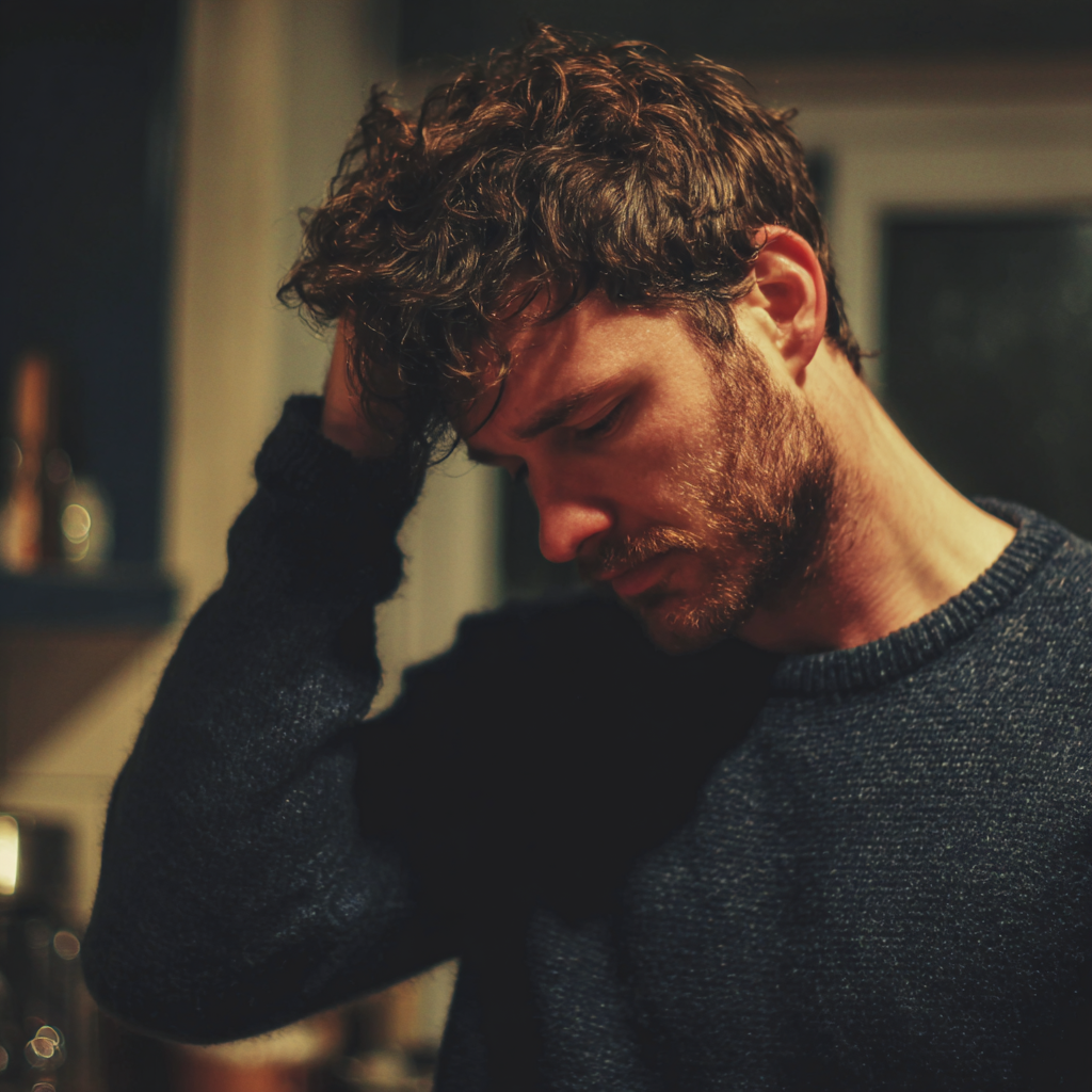 A man standing in a kitchen and holding his head | Source: No Source